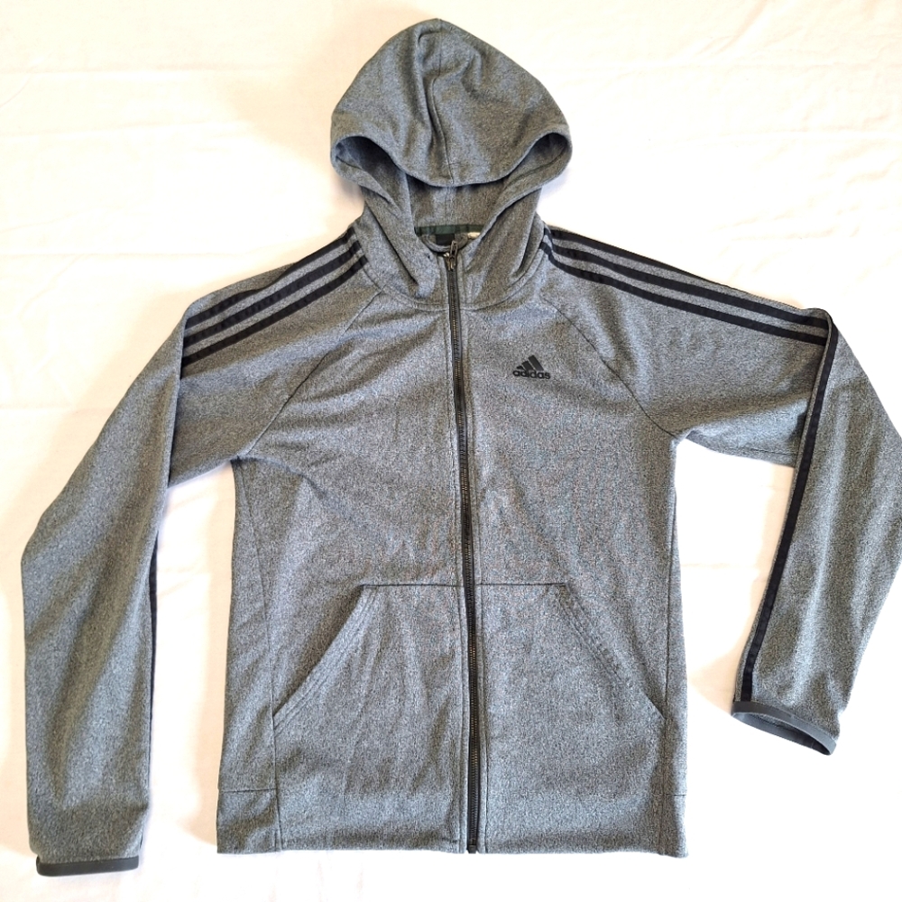 Adidas Men's 3-Stripe Full Zip Fleece Hoodie, Dark Grey Heather/Black, Small